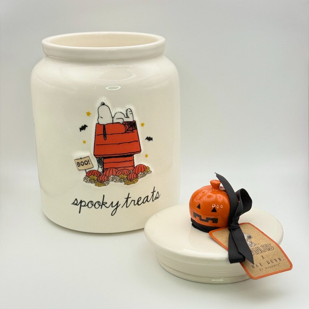 Snoopy Halloween treat jar by Rae Dunn | Spooky treats jar with pumpkin topper